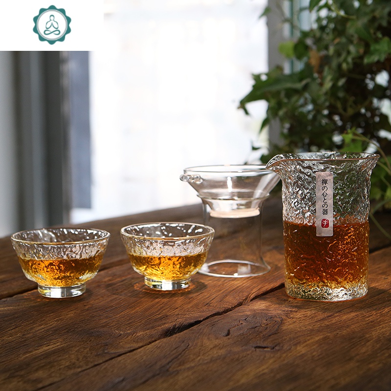 堂 日式玻璃锤纹公道杯 祥云纹公杯耐热玻璃分茶器 功夫茶具 封后 1公杯2大品杯1茶滤