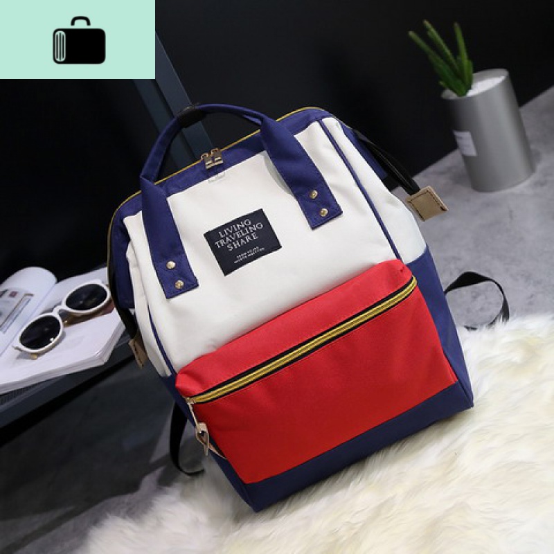 日系大容量双肩包韩版学院风百搭小清新帆布背包学生书包女手提包NEW LAKE 红+白+蓝