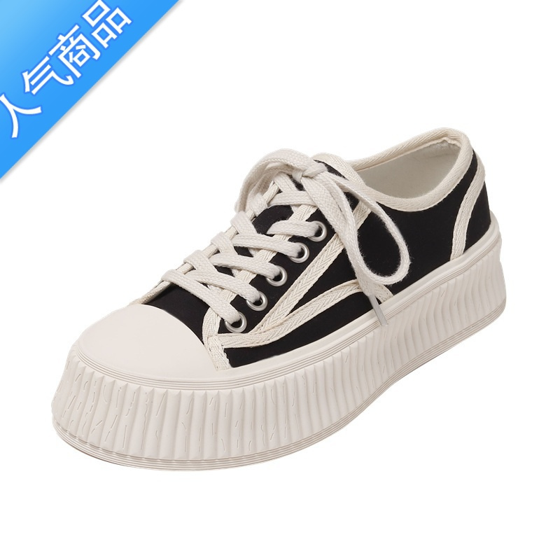 SUNTEK小香风厚底帆布鞋女2023秋季新款黑白拼色系带板鞋韩版增高饼干鞋