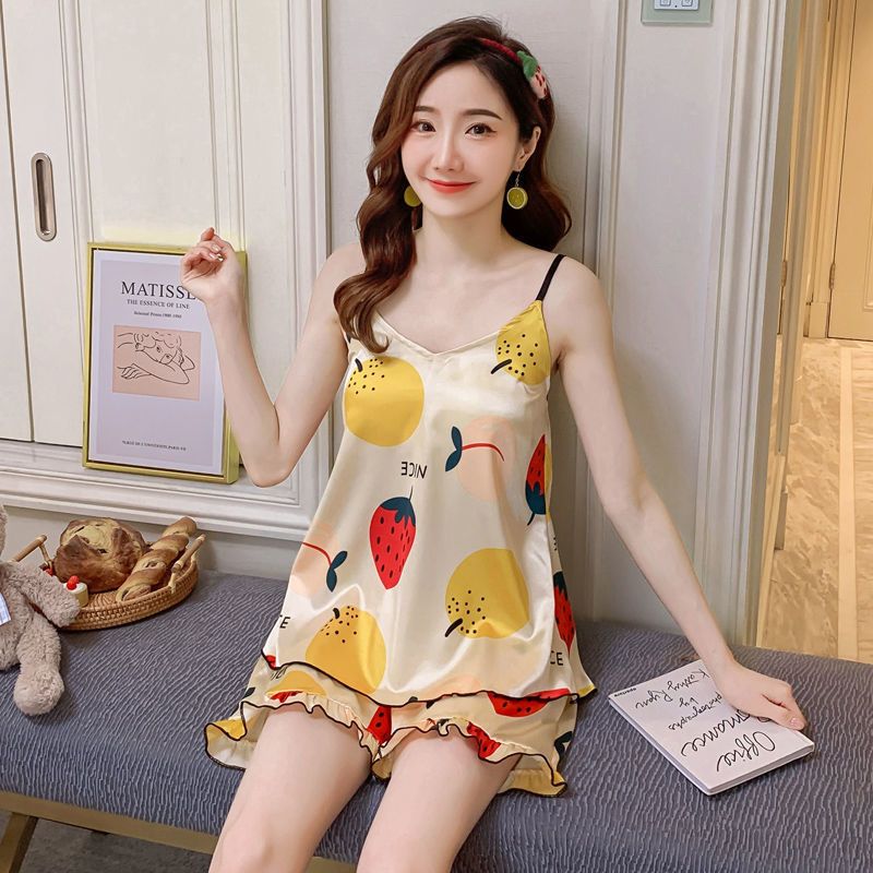 带胸垫睡衣女夏季冰丝薄款吊带睡衣性感带胸垫家居服套装水果草莓m