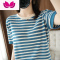 七斓2022夏洋气条纹短袖T恤女宽松圆领背心针织棉麻bf风半袖