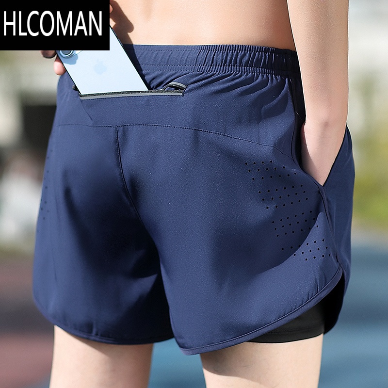 HLCOMAN专业马拉松跑步短裤男士运动三分裤速干四分内衬夏季专用可放手跑 XL 藏青色