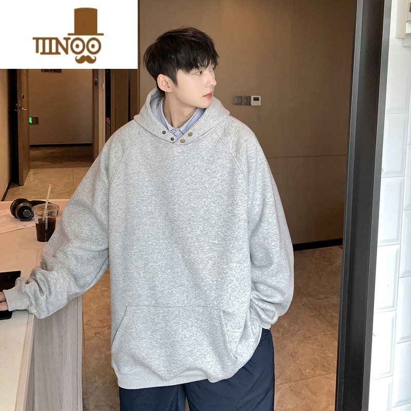 YANXU美式连帽卫衣男新款高克纯色套头上衣青少年情侣宽松款套高清大图