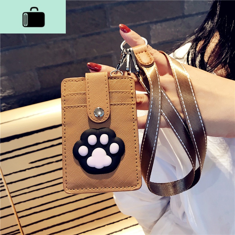 卡通可爱带挂绳卡套公交饭卡学生校园卡保护套乘车交通地铁卡包女NEW LAKE女士钱包/卡包 咖3位贴软黑猫爪-咖