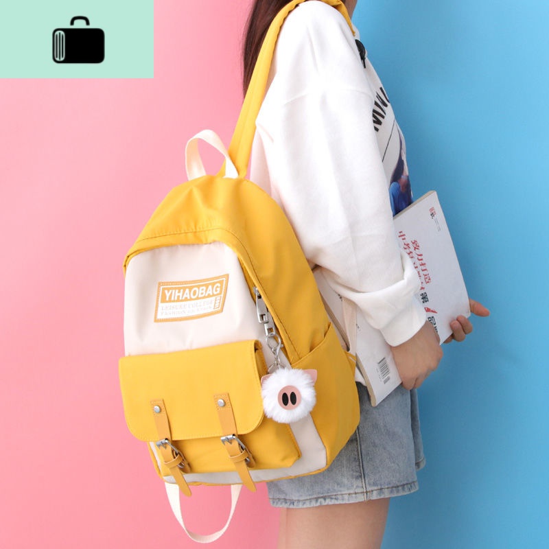 ins风书包女学生韩版初中高中可爱清新校园原宿双肩包女2019新款NEW LAKE 黄色书包+笔袋+笔+6笔芯