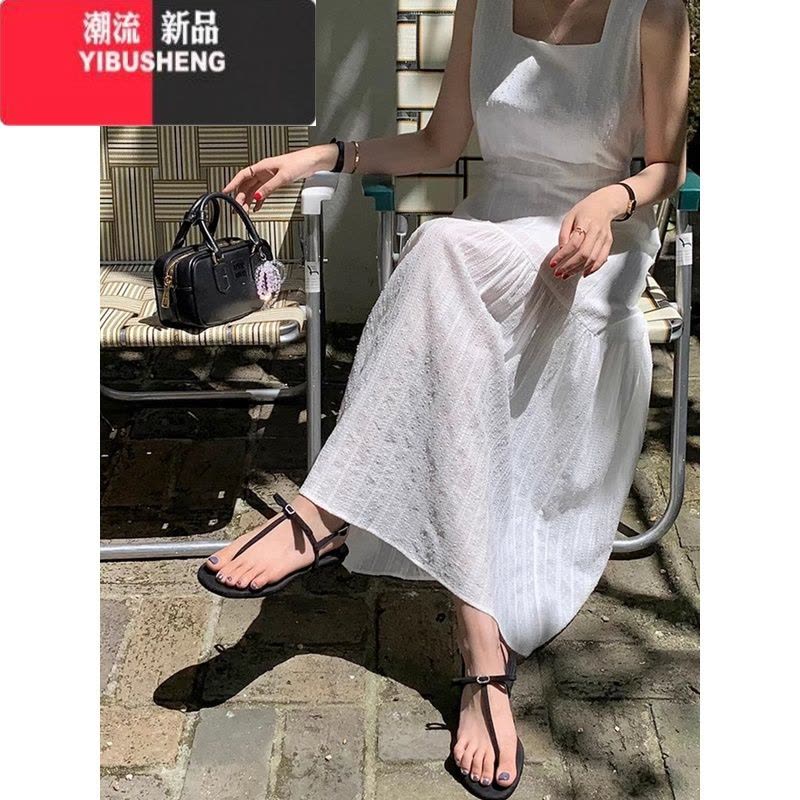 YIBUSHENG韩国chic季法式气质方领刺绣钩花修身显瘦拼接鱼尾吊带连衣裙女图片