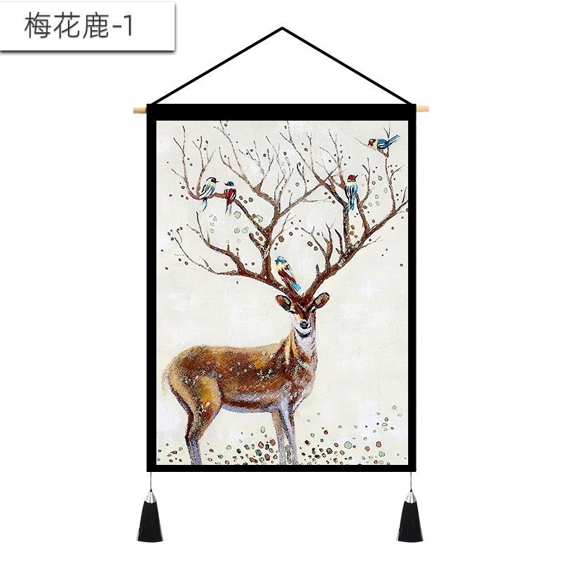 北欧挂画布艺墙布挂布背景布挂毯三联装饰画 客厅卧室房间床头 麋鹿远行-1 (麻)宽45cm*高65cm高清大图