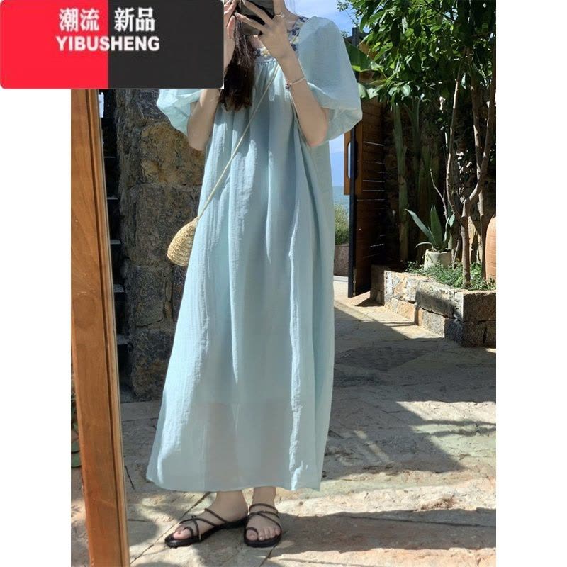 YIBUSHENG大码法式短袖连衣裙女季遮肉显瘦宽松长裙微胖MM苹果型身材裙子图片