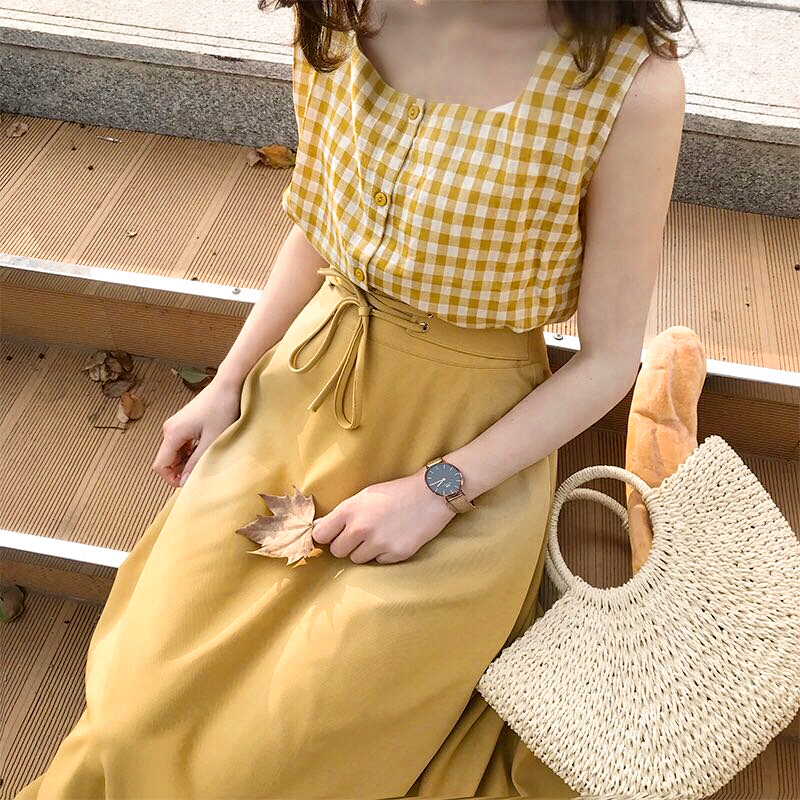 长裙女夏季高腰雪纺连衣裙两件套2018新款港味复古chic格子套装裙