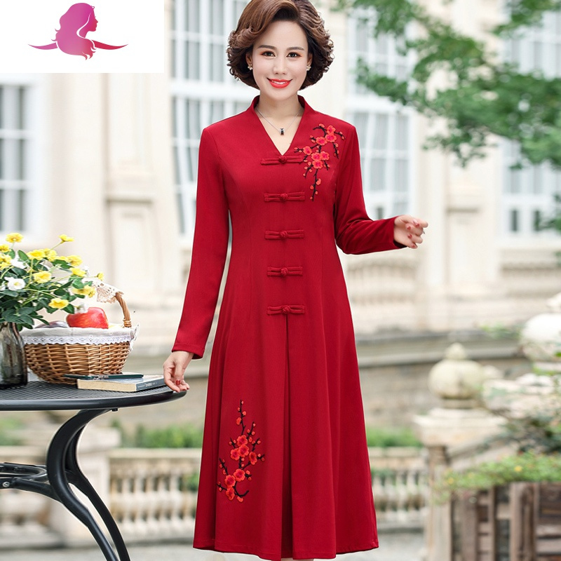 艳如飞中年女妈妈秋装长袖旗袍改良式连衣裙大码喜婆婆结婚礼服洋气高贵妈妈装报价 参数 图片 视频 怎么样 问答 苏宁易购