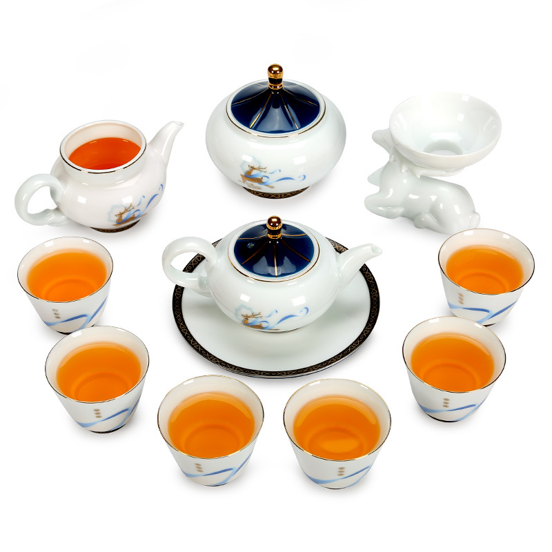 常生源 陶瓷功夫茶具套装 金边 白瓷 创意典雅 茶壶公杯茶漏茶叶罐茶杯整套 精美礼盒 丝路新语茶具套组