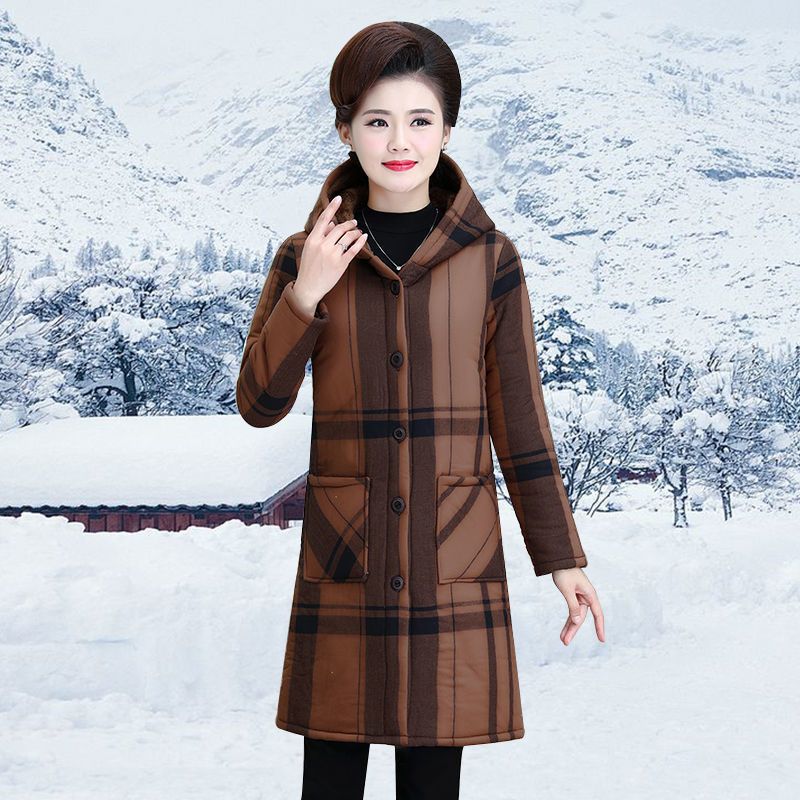 新款2020妈妈冬装条纹印花加绒保暖风衣女中长款连帽外套宽松显瘦