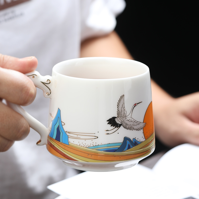 元青茶杯(MULTIPOTENT)玉瓷办公杯陶瓷带盖滤芯茶水分离过滤茶杯德化白瓷会议室水杯银鹤龙水杯礼盒装高清大图