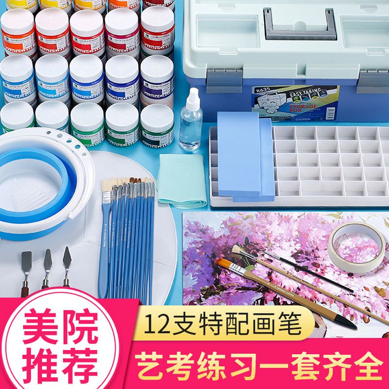 水粉颜料套装画画成人儿童用美术专业罐装绘颜料初学者工具箱 升级版21件套配17寸粉白工具箱 12色套装(100ml/瓶)