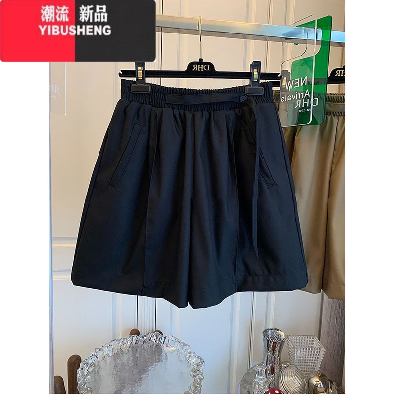 YIBUSHENG大码运动短裤女季薄款宽松休闲裤胖妹妹mm显瘦阔腿西装五分裤 黑色 XL推荐115-130斤