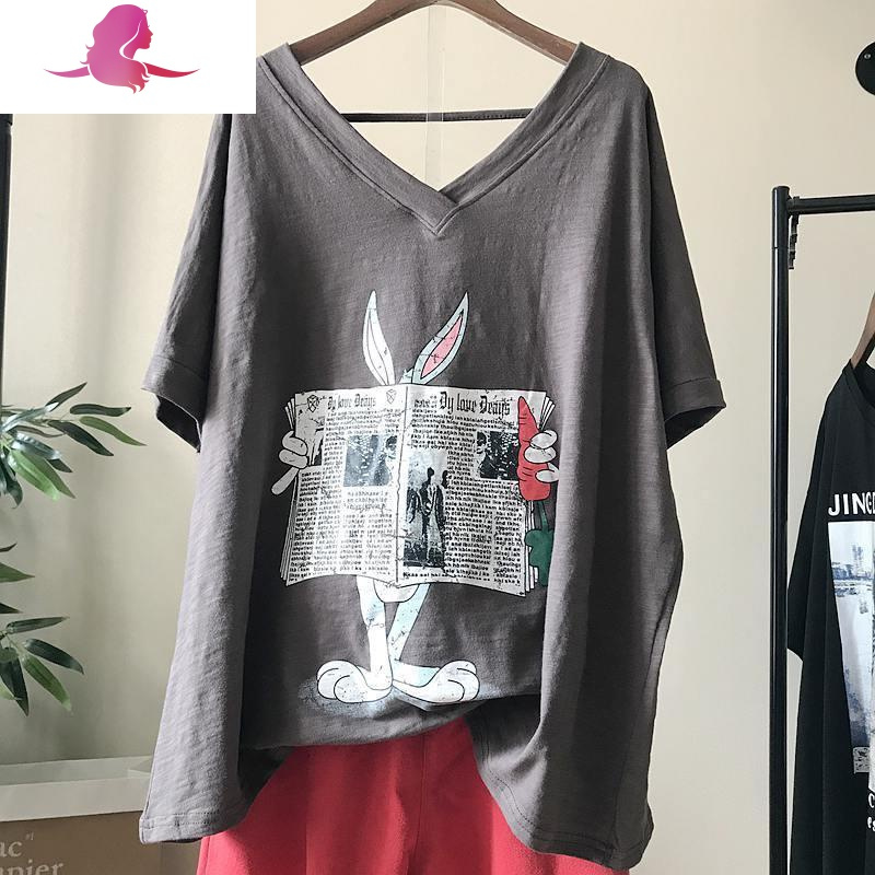 艳如飞时尚大码女装胖mm200斤宽松藏肉前后V领小心机露背短袖T恤潮胖mmT恤