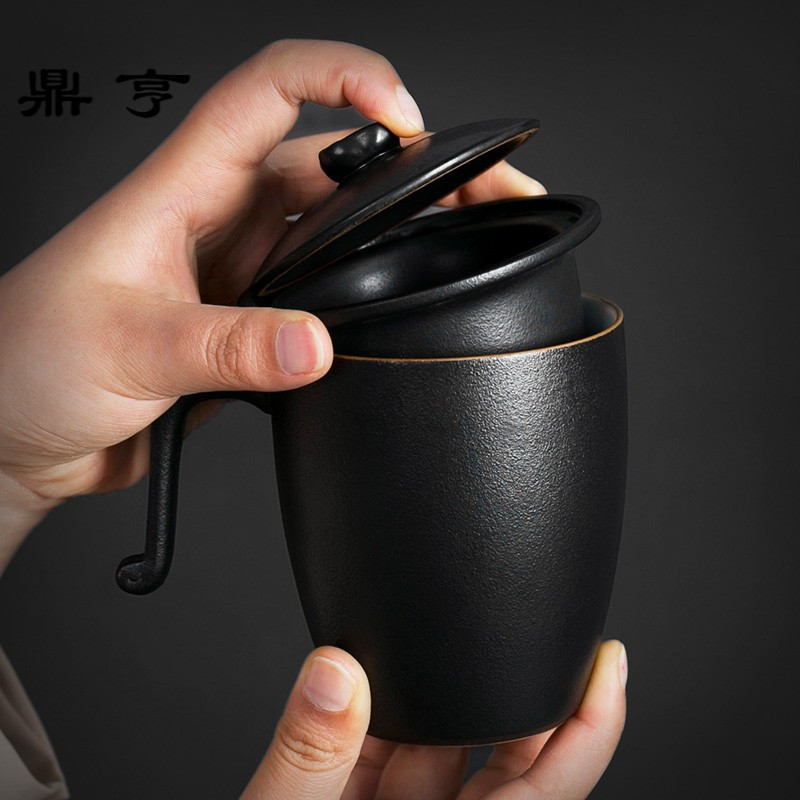 鼎亨过滤茶杯粗陶瓷带盖杯办公室会议简约水杯茶滤茶水分离黑陶