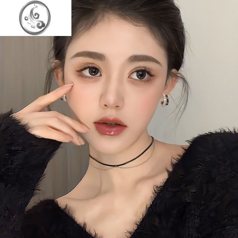 JiMi黑色珍珠耳钉女轻奢小众高级设计感耳环日常百搭耳圈气质银银耳饰