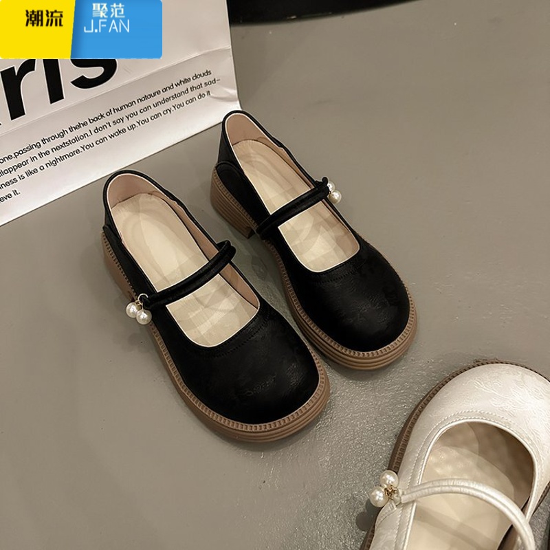 聚范法式温柔气质单鞋女新中式国风女鞋圆头百搭玛丽珍鞋小皮鞋配裙子 黑色 38