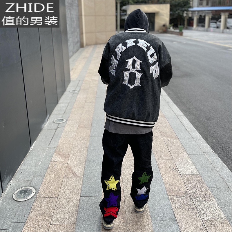 SUNTEKvibe风五角星8号棒球服男暗黑美式高街宽松皮质夹克拼接情侣外套夹克高清大图