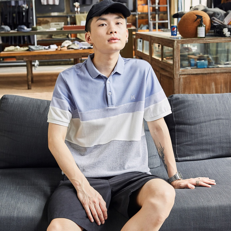 唐狮 男士短袖撞色拼接宽条纹翻领短袖男士polo衫男运动polo衫