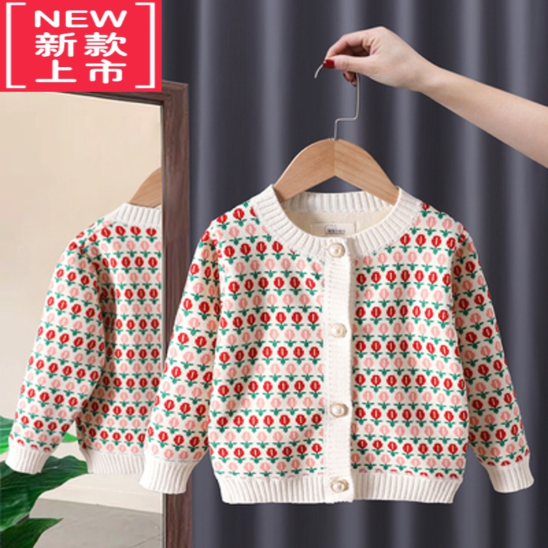 可莉允女童宝宝毛衣2022春秋新款上衣洋气复古百搭提花儿童针织开衫外套