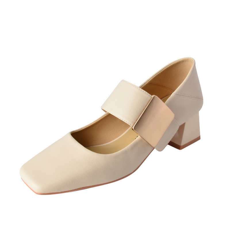 33250羊皮一字带玛丽珍小皮鞋方头浅口单鞋粗跟高跟鞋雅气质