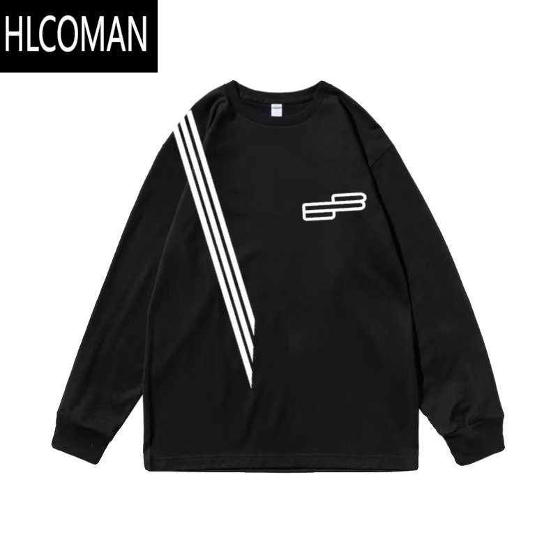 HLCOMAN快手网红加绒加厚t恤长袖潮牌新款斜肩三杠条纹卫衣男潮流痞帅男