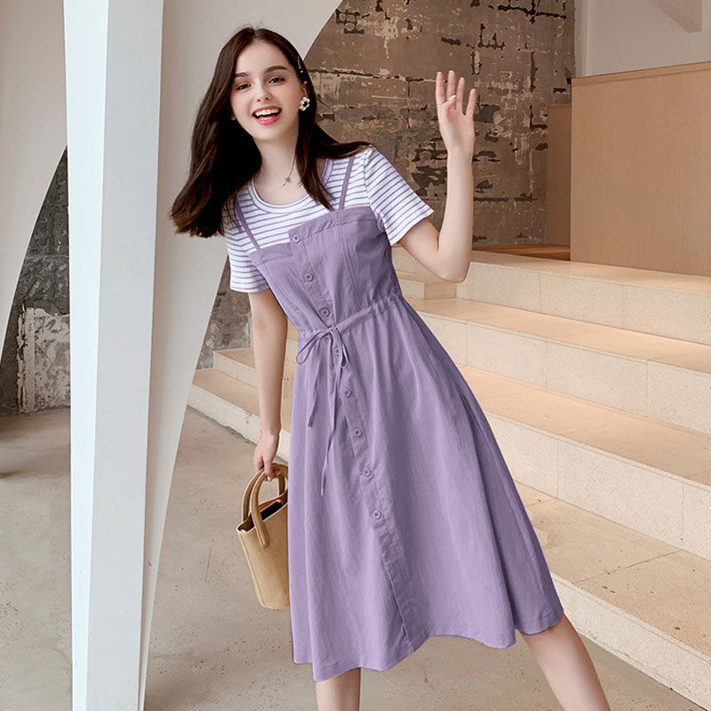 胖妹妹大码女装夏季假两件连衣裙胖mm中长款收腰休闲裙子星尚影参数