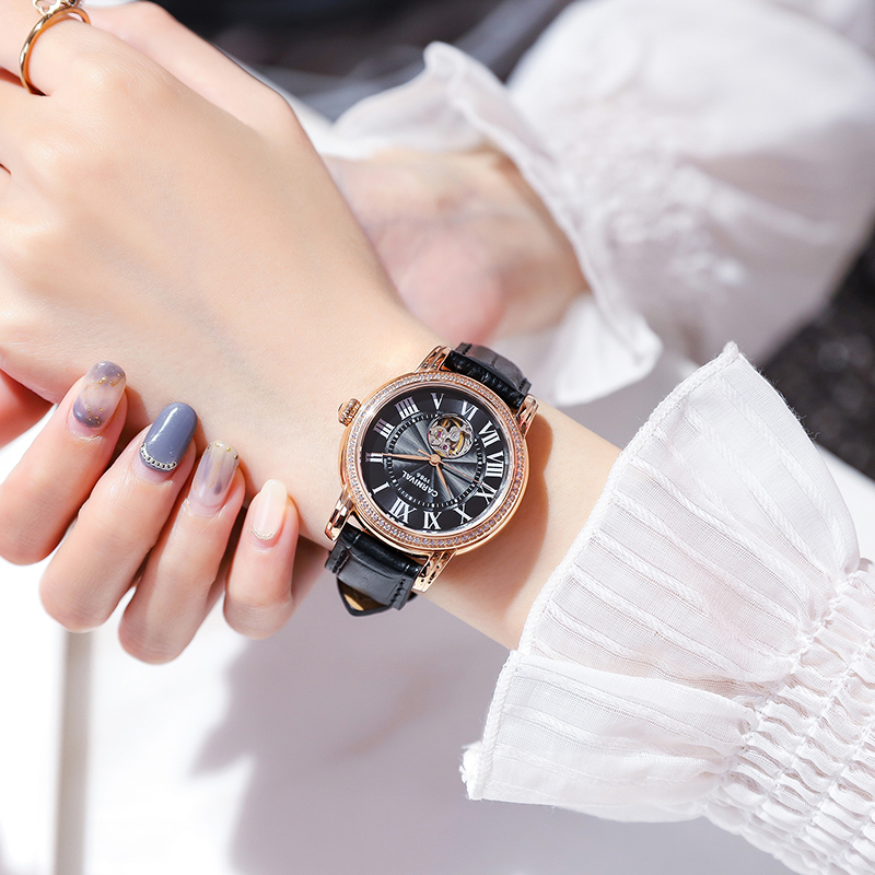 正品嘉年华CARNIVAL手表2019新款女表机械表 女士腕表气质休闲时尚真皮带防水个性镂空镶钻女表8052 玫黑黑带