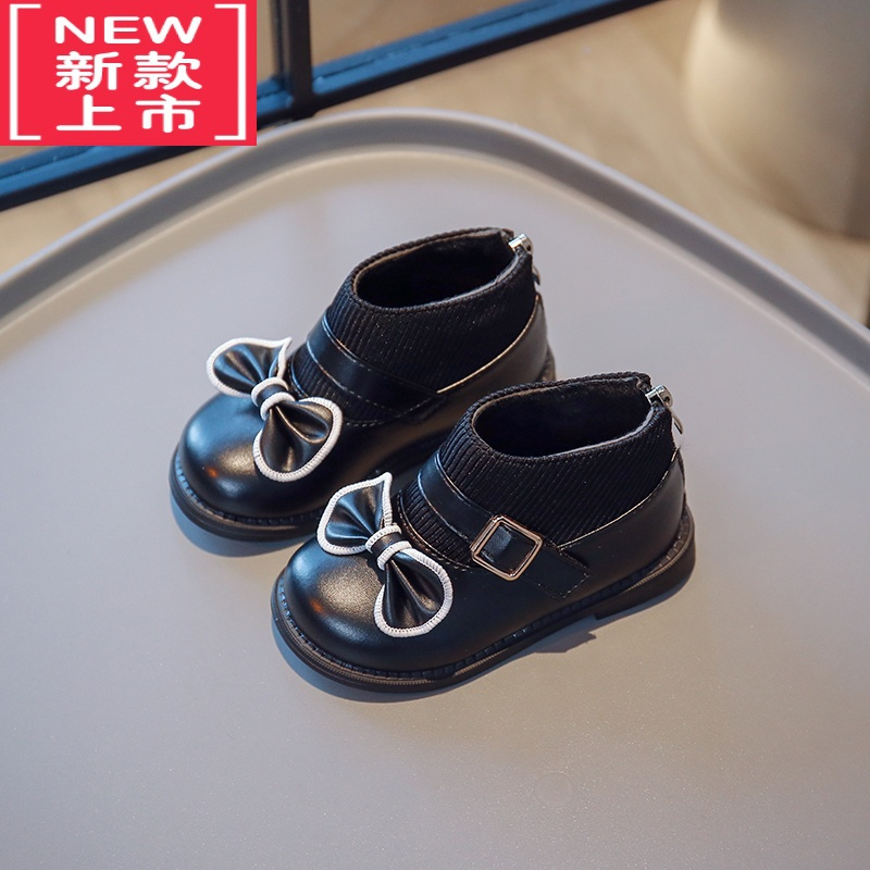 可莉允儿童靴子女2022年冬季新款加绒二棉靴子女童蝴蝶结平底公主短靴潮