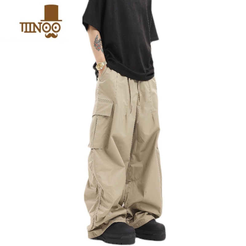 YANXU美式复古褶皱可束脚宽松工装裤嘻哈百搭阔腿拖地街头直筒休闲裤男高清大图
