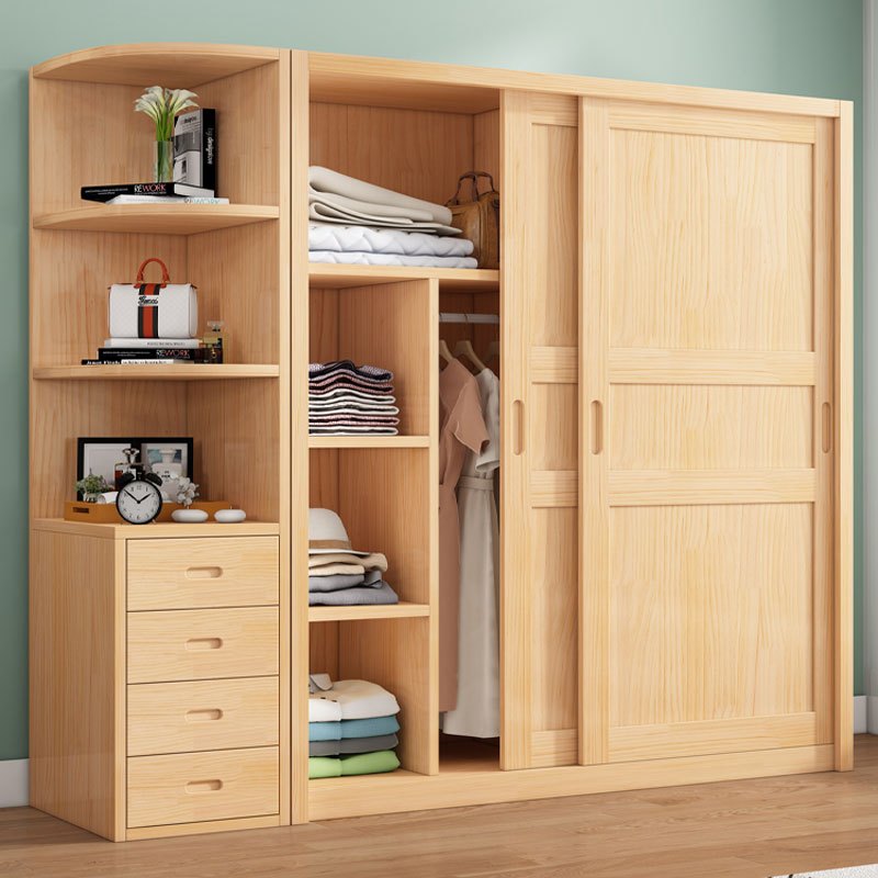 全实木衣柜家用卧室儿童柜松木结实耐用推拉门原木简易挂衣橱定制