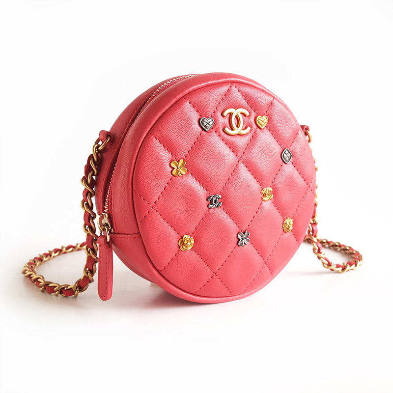 正品香奈儿chanel女包粉色菱格纹徽章小圆饼链条包单肩斜挎包99新圆饼