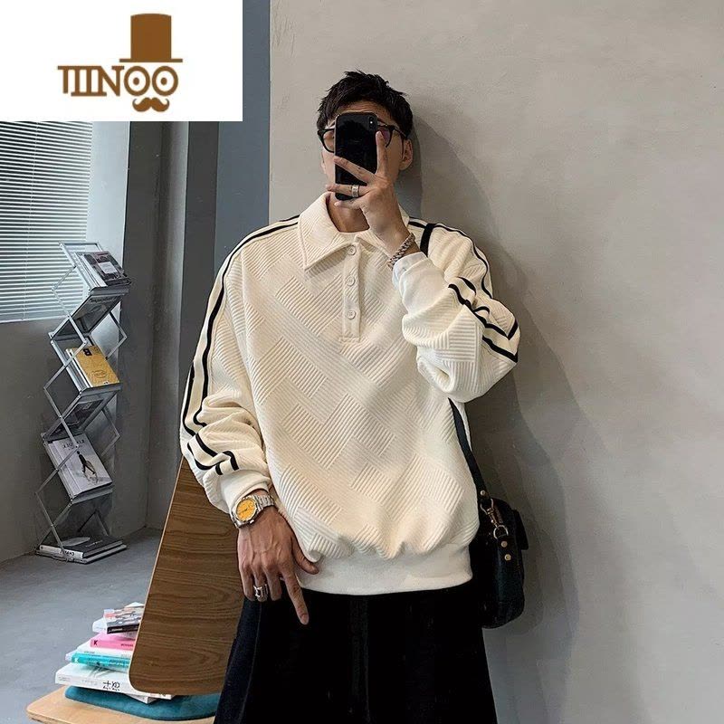YANXU2022秋季新款翻领长袖polo衫男ins撞色条纹翻领套头卫衣oversize图片