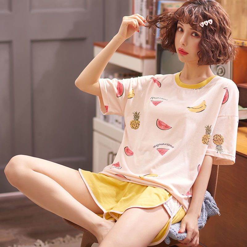 虾色米奇m码7595斤夏天短袖睡衣女夏棉质女学生韩版休闲女士内衣上衣