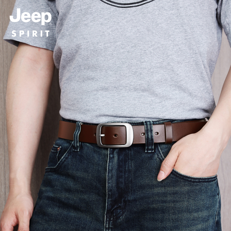 Jeep吉普头层纯牛皮腰带男休闲手工皮带男真皮针扣正品复古裤层扣高清大图