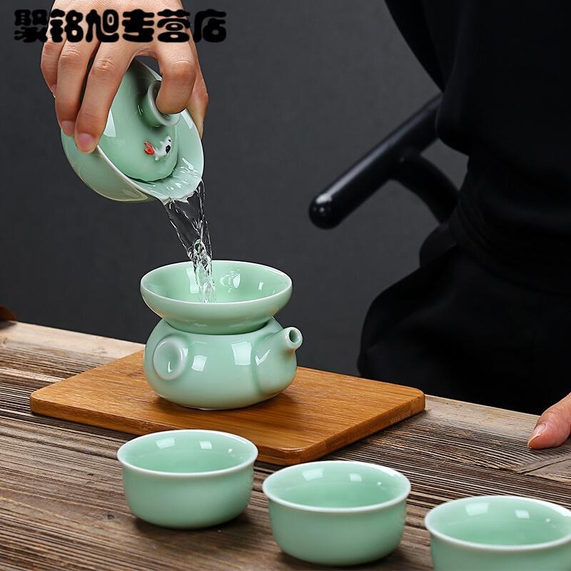 简约青瓷功夫茶具套装家用小茶杯鲤鱼茶碗陶瓷茶壶盖碗茶杯简约