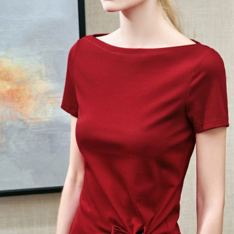 妍鸢休闲短袖t恤女夏装2020新款白色体恤下摆蝴蝶结绑带一字肩上衣女