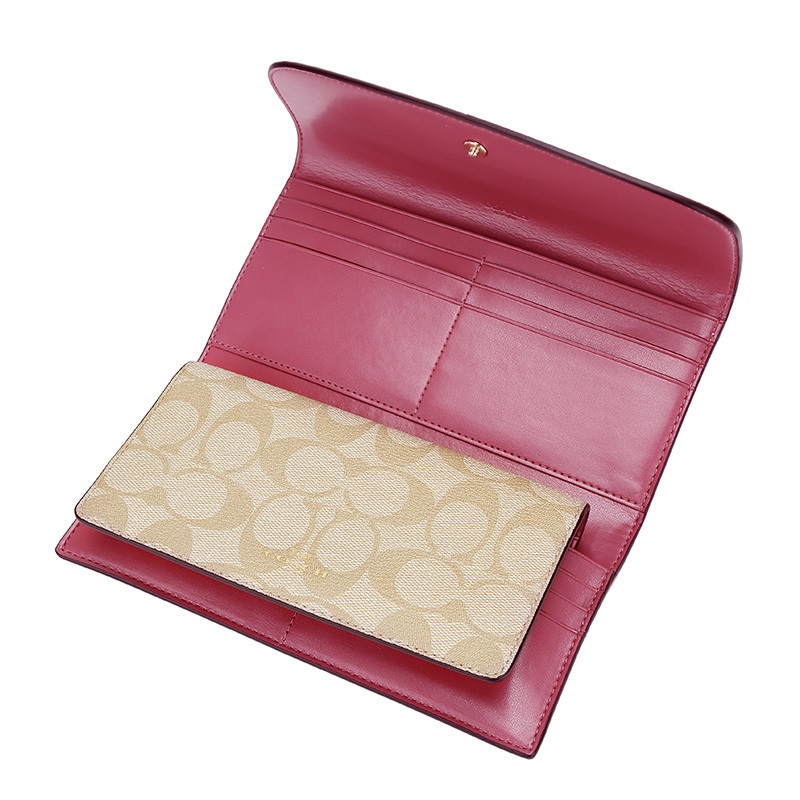 coach蔻驰奢侈品女士卡其玫红色人造革配皮长款钱包钱夹女f57319imp4j