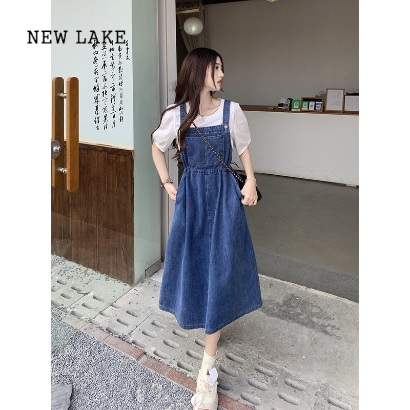 new lake2023夏季新款韩版减龄牛仔背带裙小个子中长款学院风吊带