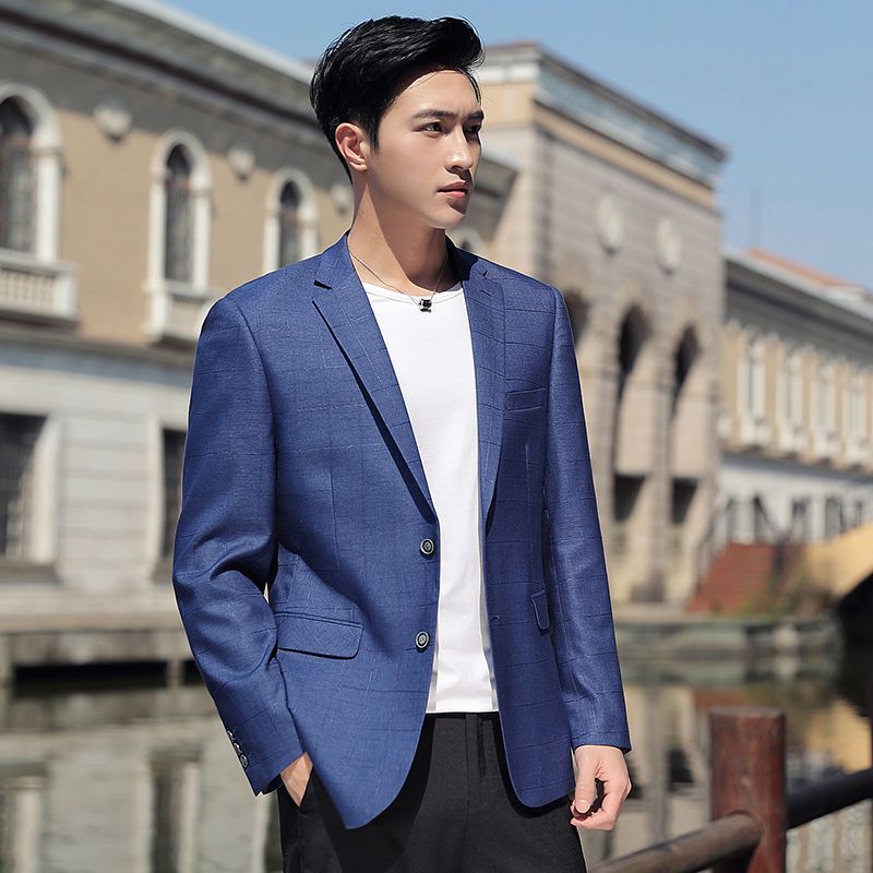 梵克公牛男士西服20春季新款时尚商务休闲欧版男式修身西装外套蓝色
