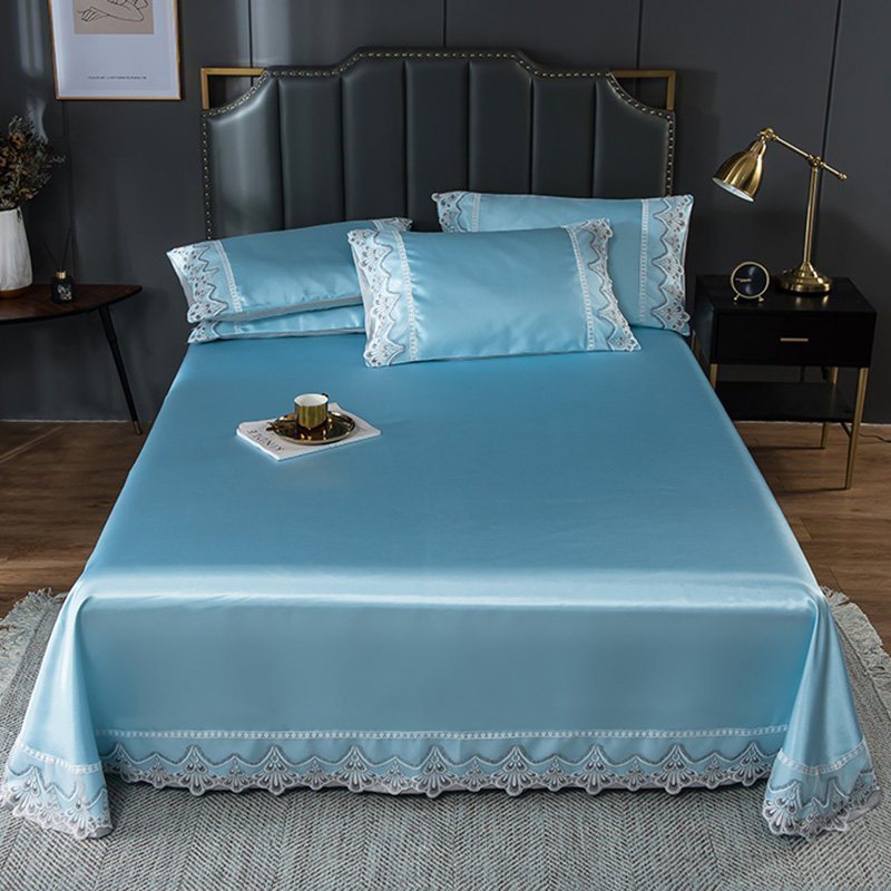 家柏饰(CORATED)冰丝床单凉席1.8m可水洗夏季空调软席子1.5米可折叠夏凉席三件套 250*250cm适合1.8-2米床【天空蓝】蕾丝花边床单款 其它