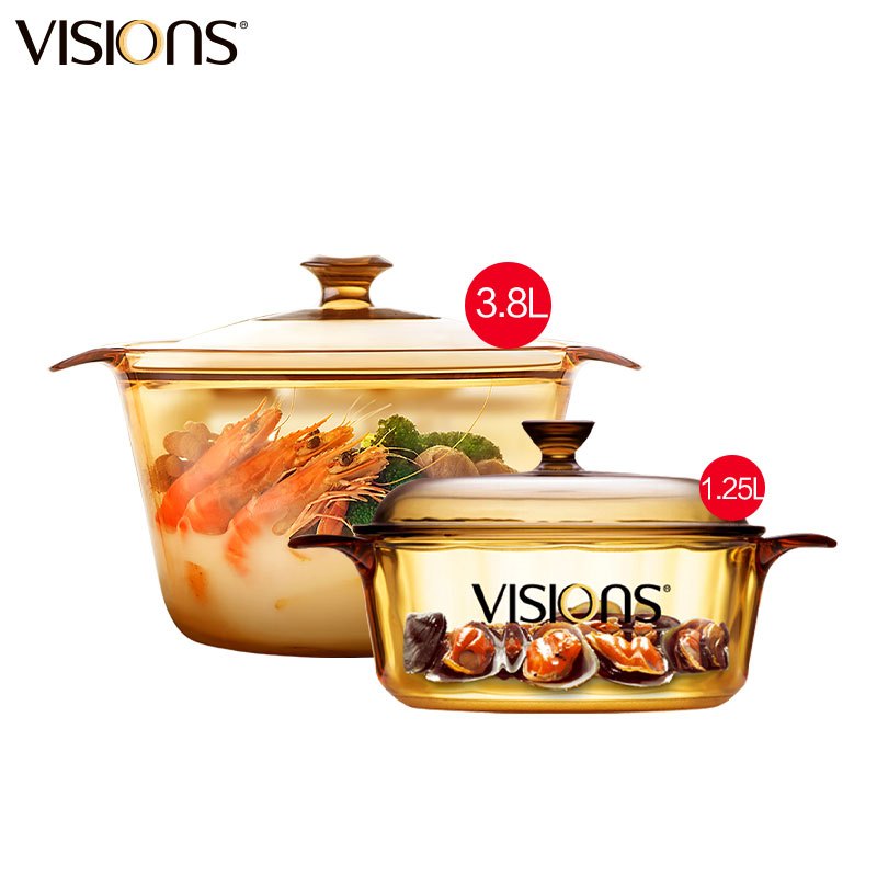 康宁(VISIONS)1.25L晶彩玻璃锅+3.8L养身锅 厨具套装 汤锅 炖锅 透明锅厨具套装透明耐热玻璃锅 家用
