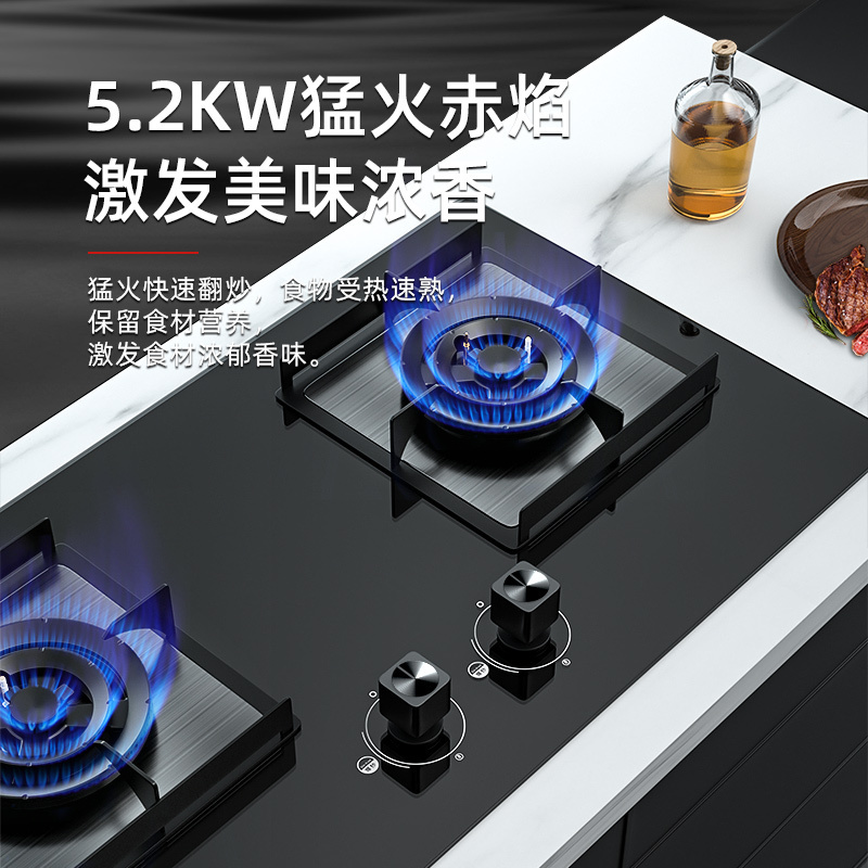 HOMSON法国汤姆逊家用台式嵌入式燃气灶具 5.2kW天然气大火力双眼灶 加厚钢化玻璃 一级能效 方灶圆灶 AZL2