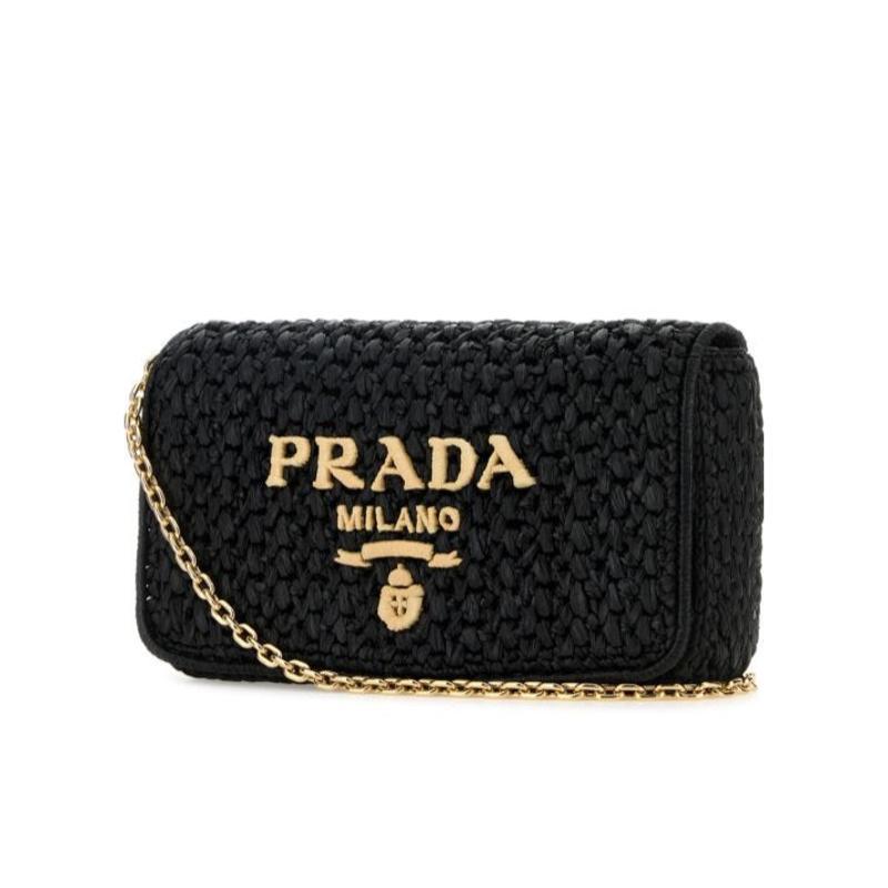普拉达(PRADA)女士拉菲草单肩包时尚金属徽标休闲手提斜挎包日常