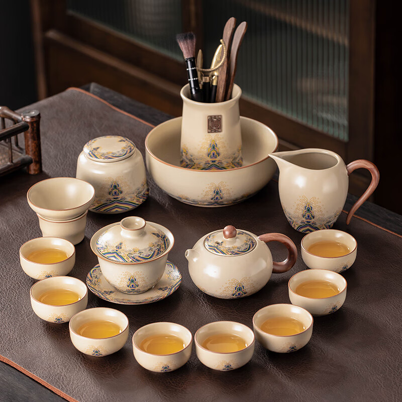 瓷友茗汝窑茶具整套家用陶瓷功夫盖碗茶壶茶杯泡茶套装节日送礼送长辈 工崖西施大全套礼全高清大图