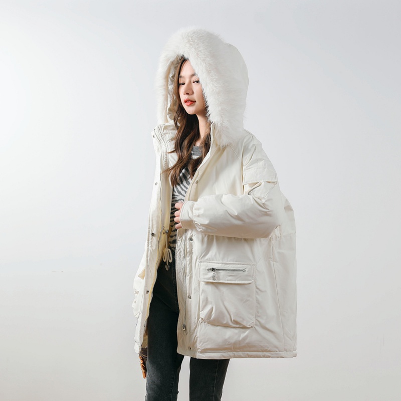 新款纯色简约羽绒服女抽绳宽松加厚韩版大毛领外套派克服高清大图