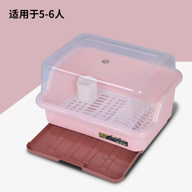 装碗筷收纳盒放碗箱沥水碗架厨房家用带盖碗盆碗碟置物架塑料碗柜_48 升级款抽屉式粉色大号