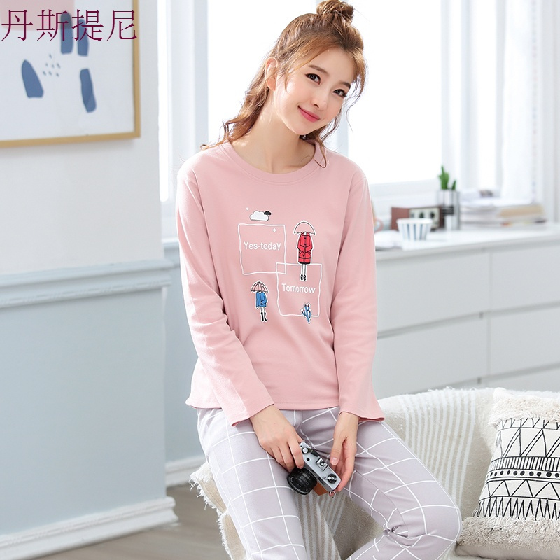 春秋冬季睡衣女纯棉长袖套头可爱卡通韩版女装大码休闲家居服套装